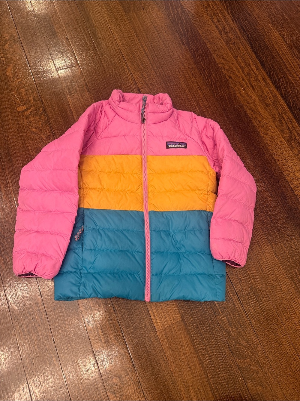 Size 4 Patagonia Girls Colorblock Puffer Jacket - Pink, Yellow, Teal